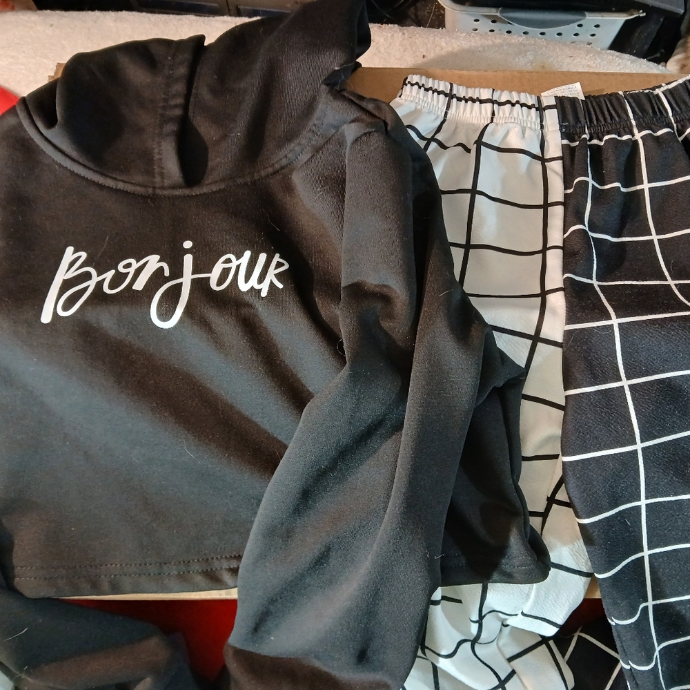 Black Bonjour Hoodie and Grid Pattern Pants Set